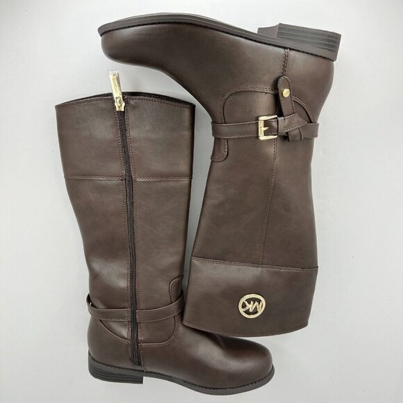 Michael Kors Girls Brown Flat Fully Zip Gold MK Logo Tone Size 3 Riding Boots - Picture 5 of 12